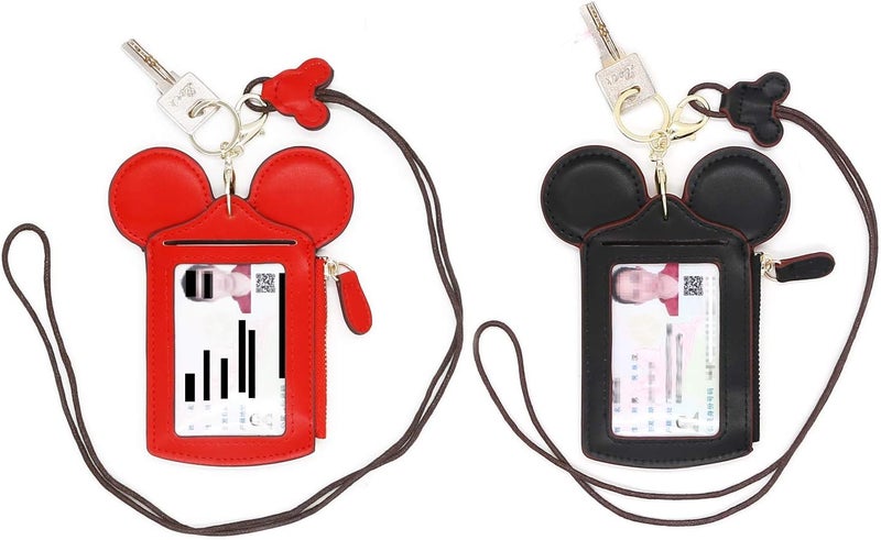 QiMing Mouse Ears Card Holder,PU Lovely Lanyard Family Toys for Girl Woman - Image 1